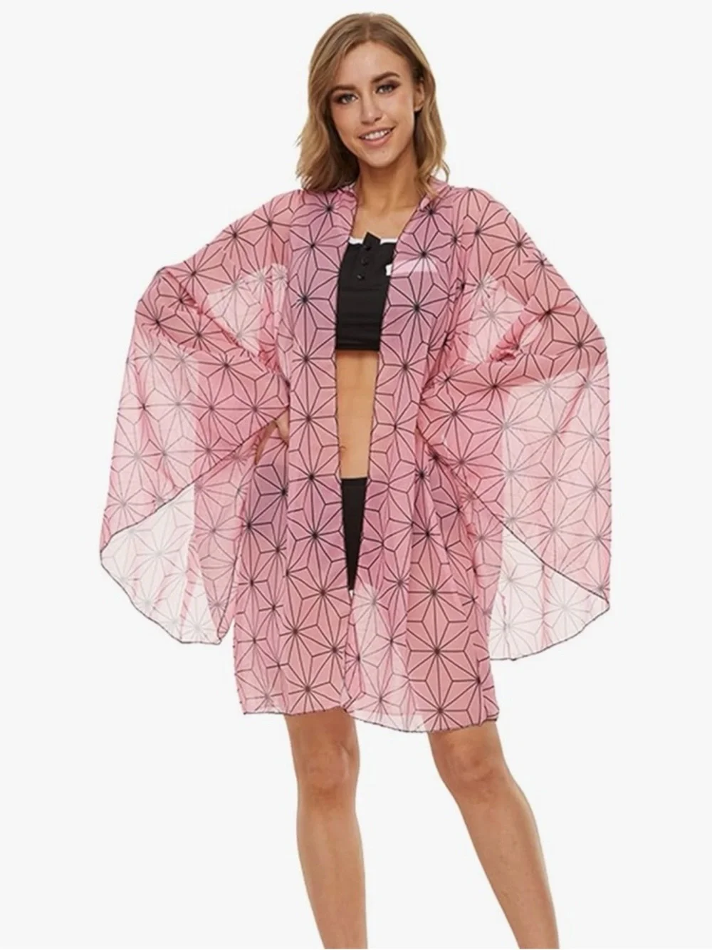 Women's Pink Geometric Swim Cover-Up Kimono - Picture 2 of 6
